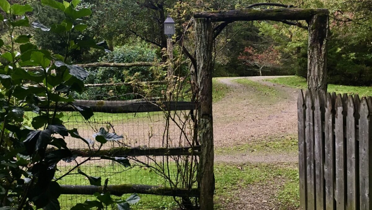 Front walkway gate with rustic arch